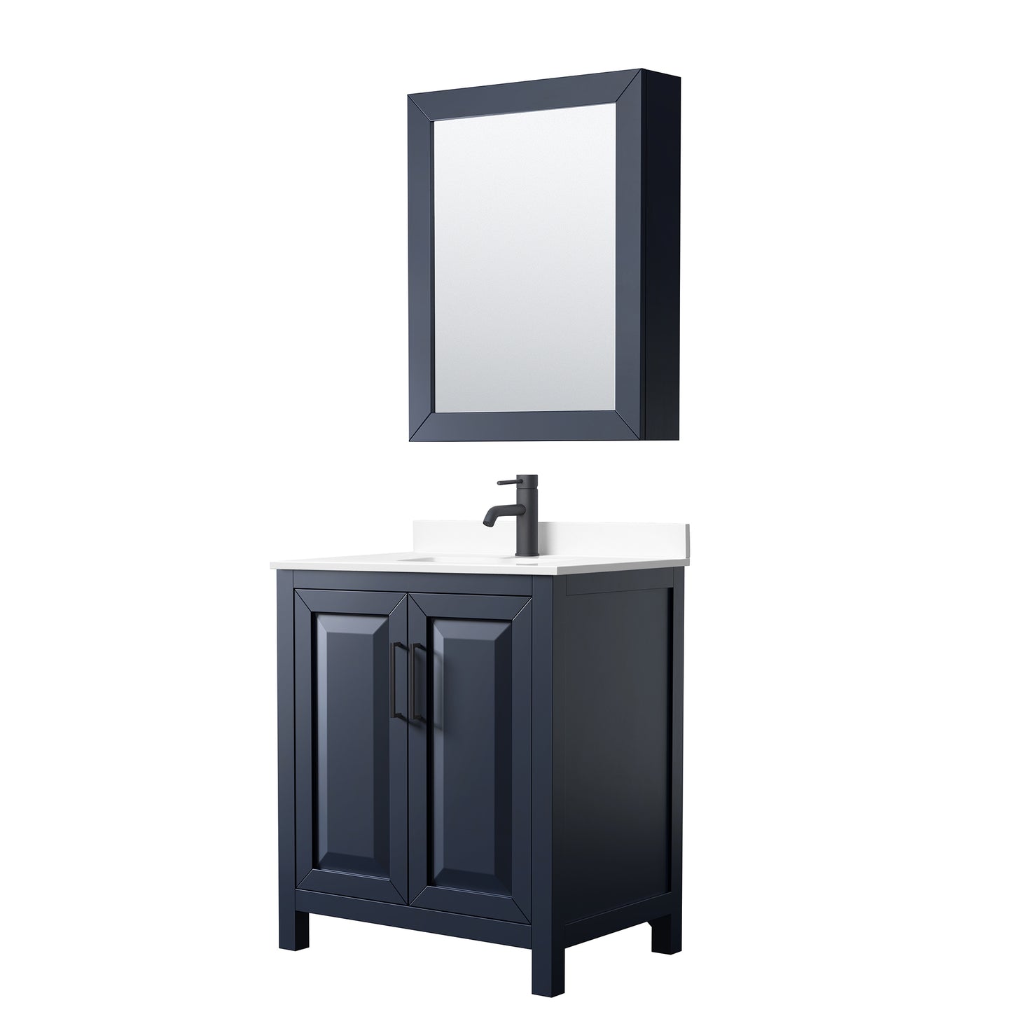 Wyndham Daria 30 Inch Single Bathroom Vanity White Cultured Marble Countertop, Undermount Square Sink in Matte Black Trim with Medicine Cabinet - Luxe Bathroom Vanities