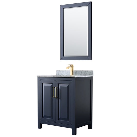 30 Inch Single Bathroom Vanity in Dark Blue, White Carrara Marble Countertop, Undermount Square Sink, 24 Inch Mirror - Luxe Bathroom Vanities Luxury Bathroom Fixtures Bathroom Furniture