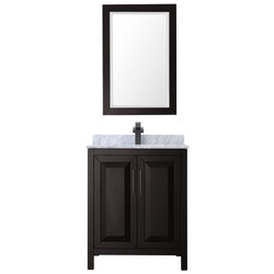 Wyndham Daria 30 Inch Single Bathroom Vanity White Carrara Marble Countertop, Undermount Square Sink in Matte Black Trim with 24 Inch Mirror - Luxe Bathroom Vanities