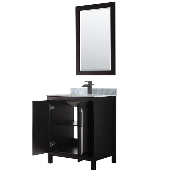 Wyndham Daria 30 Inch Single Bathroom Vanity White Carrara Marble Countertop, Undermount Square Sink in Matte Black Trim with 24 Inch Mirror - Luxe Bathroom Vanities