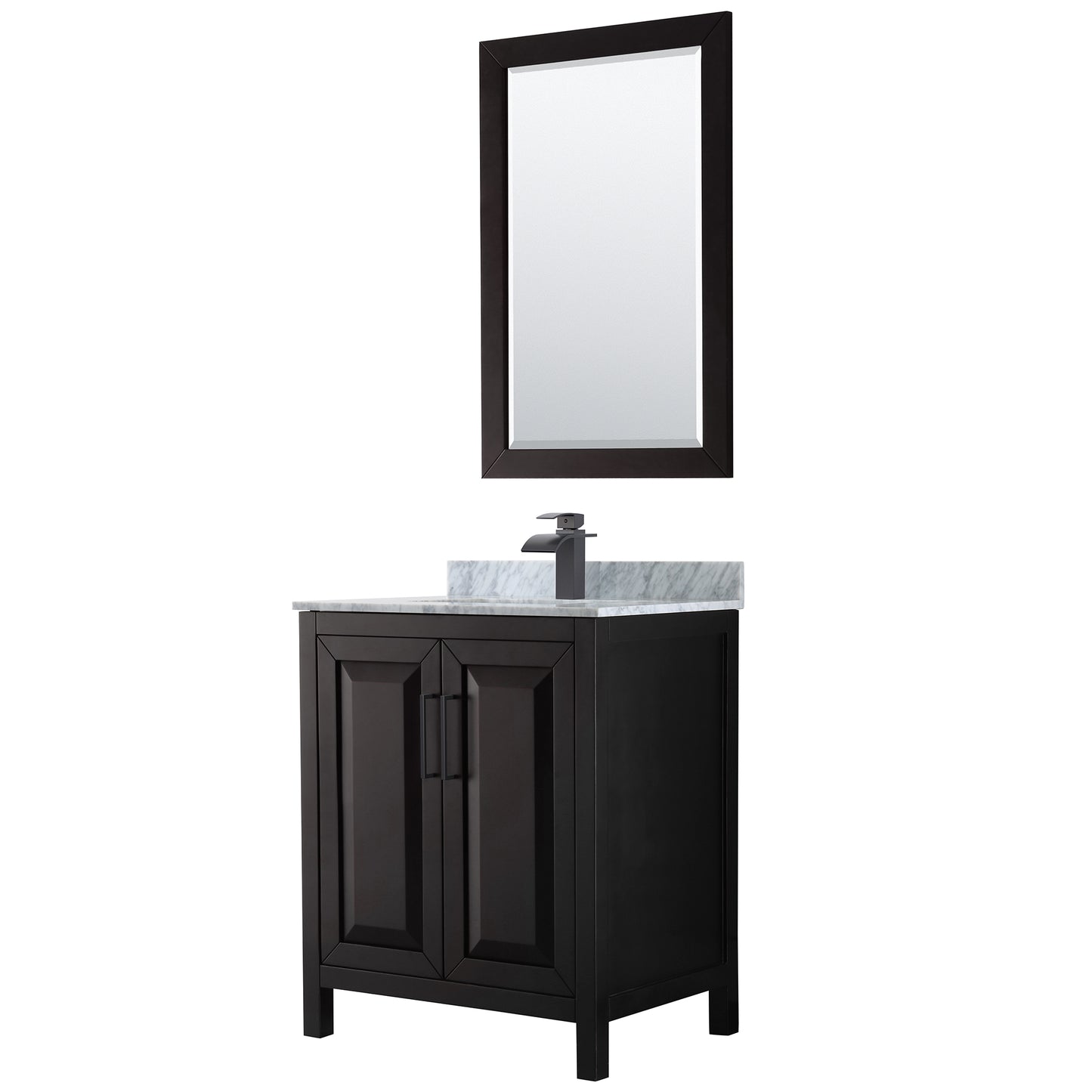 Wyndham Daria 30 Inch Single Bathroom Vanity White Carrara Marble Countertop, Undermount Square Sink in Matte Black Trim with 24 Inch Mirror - Luxe Bathroom Vanities