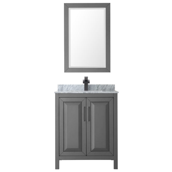 Wyndham Daria 30 Inch Single Bathroom Vanity White Carrara Marble Countertop, Undermount Square Sink in Matte Black Trim with 24 Inch Mirror - Luxe Bathroom Vanities