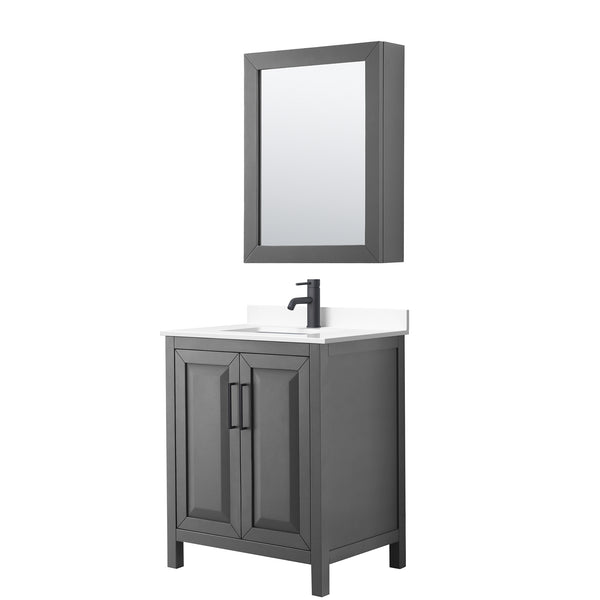 Wyndham Daria 30 Inch Single Bathroom Vanity White Cultured Marble Countertop, Undermount Square Sink in Matte Black Trim with Medicine Cabinet - Luxe Bathroom Vanities