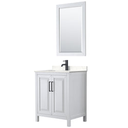 Wyndham Daria 30 Inch Single Bathroom Vanity Light-Vein Carrara Cultured Marble Countertop, Undermount Square Sink in Matte Black Trim with 24 Inch Mirror - Luxe Bathroom Vanities