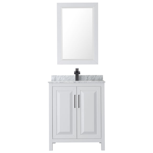 Wyndham Daria 30 Inch Single Bathroom Vanity White Carrara Marble Countertop, Undermount Square Sink in Matte Black Trim with 24 Inch Mirror - Luxe Bathroom Vanities