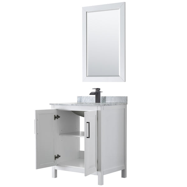 Wyndham Daria 30 Inch Single Bathroom Vanity White Carrara Marble Countertop, Undermount Square Sink in Matte Black Trim with 24 Inch Mirror - Luxe Bathroom Vanities