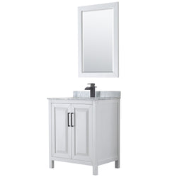 Wyndham Daria 30 Inch Single Bathroom Vanity White Carrara Marble Countertop, Undermount Square Sink in Matte Black Trim with 24 Inch Mirror - Luxe Bathroom Vanities