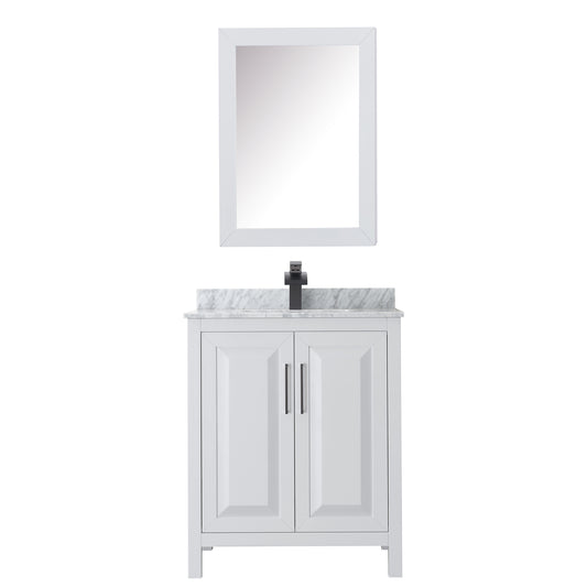 Wyndham Daria 30 Inch Single Bathroom Vanity White Carrara Marble Countertop, Undermount Square Sink in Matte Black Trim with Medicine Cabinet - Luxe Bathroom Vanities
