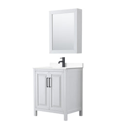 Wyndham Daria 30 Inch Single Bathroom Vanity White Cultured Marble Countertop, Undermount Square Sink in Matte Black Trim with Medicine Cabinet - Luxe Bathroom Vanities