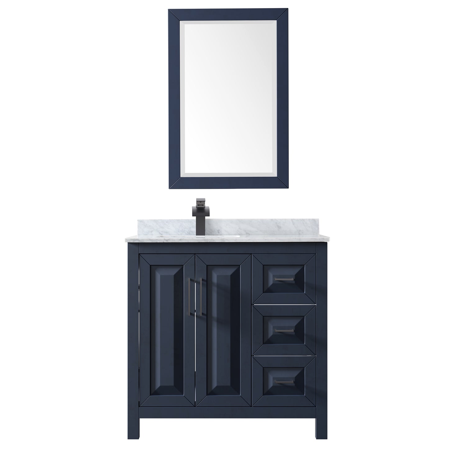 Wyndham Daria 36 Inch Single Bathroom Vanity White Carrara Marble Countertop, Undermount Square Sink in Matte Black Trim with 24 Inch Mirror - Luxe Bathroom Vanities