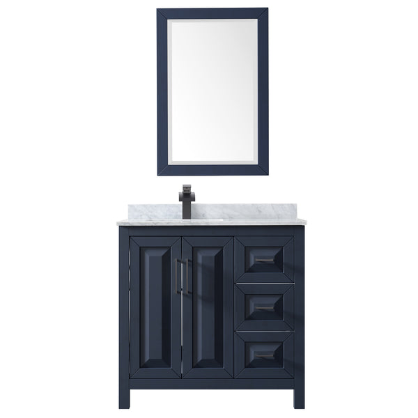 Wyndham Daria 36 Inch Single Bathroom Vanity White Carrara Marble Countertop, Undermount Square Sink in Matte Black Trim with 24 Inch Mirror - Luxe Bathroom Vanities