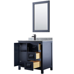 Wyndham Daria 36 Inch Single Bathroom Vanity White Carrara Marble Countertop, Undermount Square Sink in Matte Black Trim with 24 Inch Mirror - Luxe Bathroom Vanities