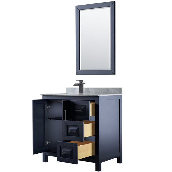 Wyndham Daria 36 Inch Single Bathroom Vanity White Carrara Marble Countertop, Undermount Square Sink in Matte Black Trim with 24 Inch Mirror - Luxe Bathroom Vanities