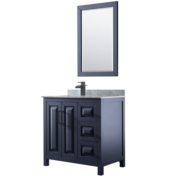 Wyndham Daria 36 Inch Single Bathroom Vanity White Carrara Marble Countertop, Undermount Square Sink in Matte Black Trim with 24 Inch Mirror - Luxe Bathroom Vanities