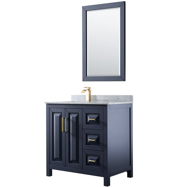 36 Inch Single Bathroom Vanity in Dark Blue, White Carrara Marble Countertop, Undermount Square Sink, 24 Inch Mirror - Luxe Bathroom Vanities Luxury Bathroom Fixtures Bathroom Furniture