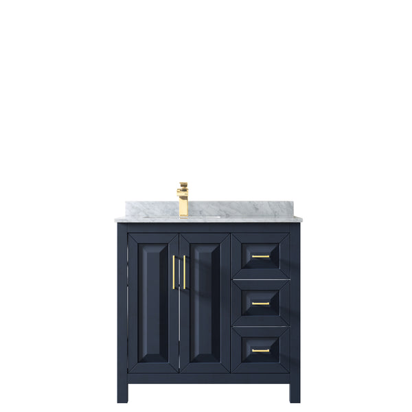 36 Inch Single Bathroom Vanity in Dark Blue, White Carrara Marble Countertop, Undermount Square Sink, No Mirror - Luxe Bathroom Vanities Luxury Bathroom Fixtures Bathroom Furniture