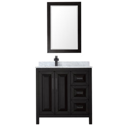 Wyndham Daria 36 Inch Single Bathroom Vanity White Carrara Marble Countertop, Undermount Square Sink in Matte Black Trim with 24 Inch Mirror - Luxe Bathroom Vanities