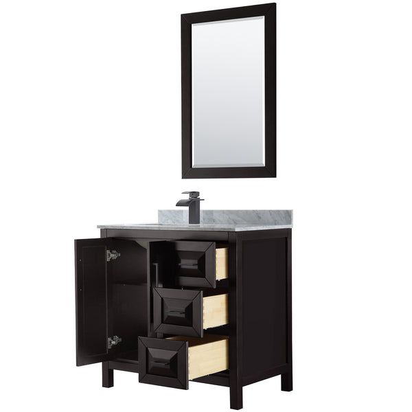 Wyndham Daria 36 Inch Single Bathroom Vanity White Carrara Marble Countertop, Undermount Square Sink in Matte Black Trim with 24 Inch Mirror - Luxe Bathroom Vanities