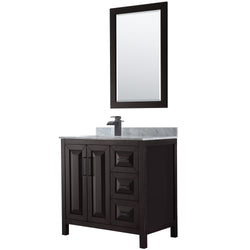 Wyndham Daria 36 Inch Single Bathroom Vanity White Carrara Marble Countertop, Undermount Square Sink in Matte Black Trim with 24 Inch Mirror - Luxe Bathroom Vanities