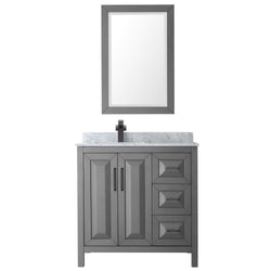 Wyndham Daria 36 Inch Single Bathroom Vanity White Carrara Marble Countertop, Undermount Square Sink in Matte Black Trim with 24 Inch Mirror - Luxe Bathroom Vanities