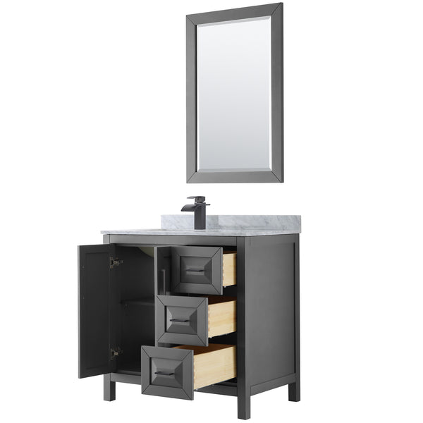 Wyndham Daria 36 Inch Single Bathroom Vanity White Carrara Marble Countertop, Undermount Square Sink in Matte Black Trim with 24 Inch Mirror - Luxe Bathroom Vanities