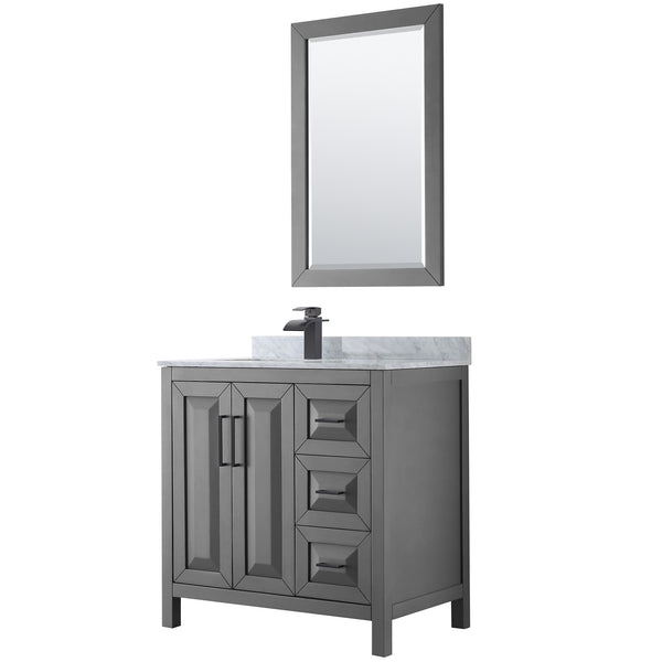 Wyndham Daria 36 Inch Single Bathroom Vanity White Carrara Marble Countertop, Undermount Square Sink in Matte Black Trim with 24 Inch Mirror - Luxe Bathroom Vanities