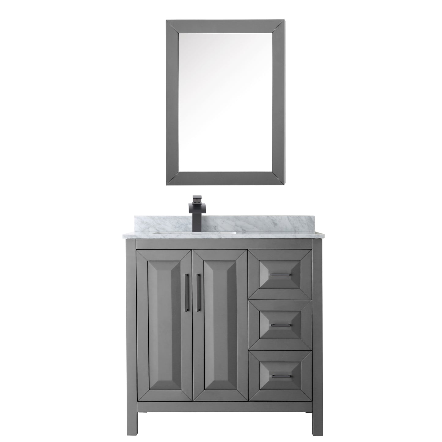Wyndham Daria 36 Inch Single Bathroom Vanity White Carrara Marble Countertop, Undermount Square Sink in Matte Black Trim with Medicine Cabinet - Luxe Bathroom Vanities