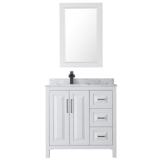 Wyndham Daria 36 Inch Single Bathroom Vanity White Carrara Marble Countertop, Undermount Square Sink in Matte Black Trim with 24 Inch Mirror - Luxe Bathroom Vanities