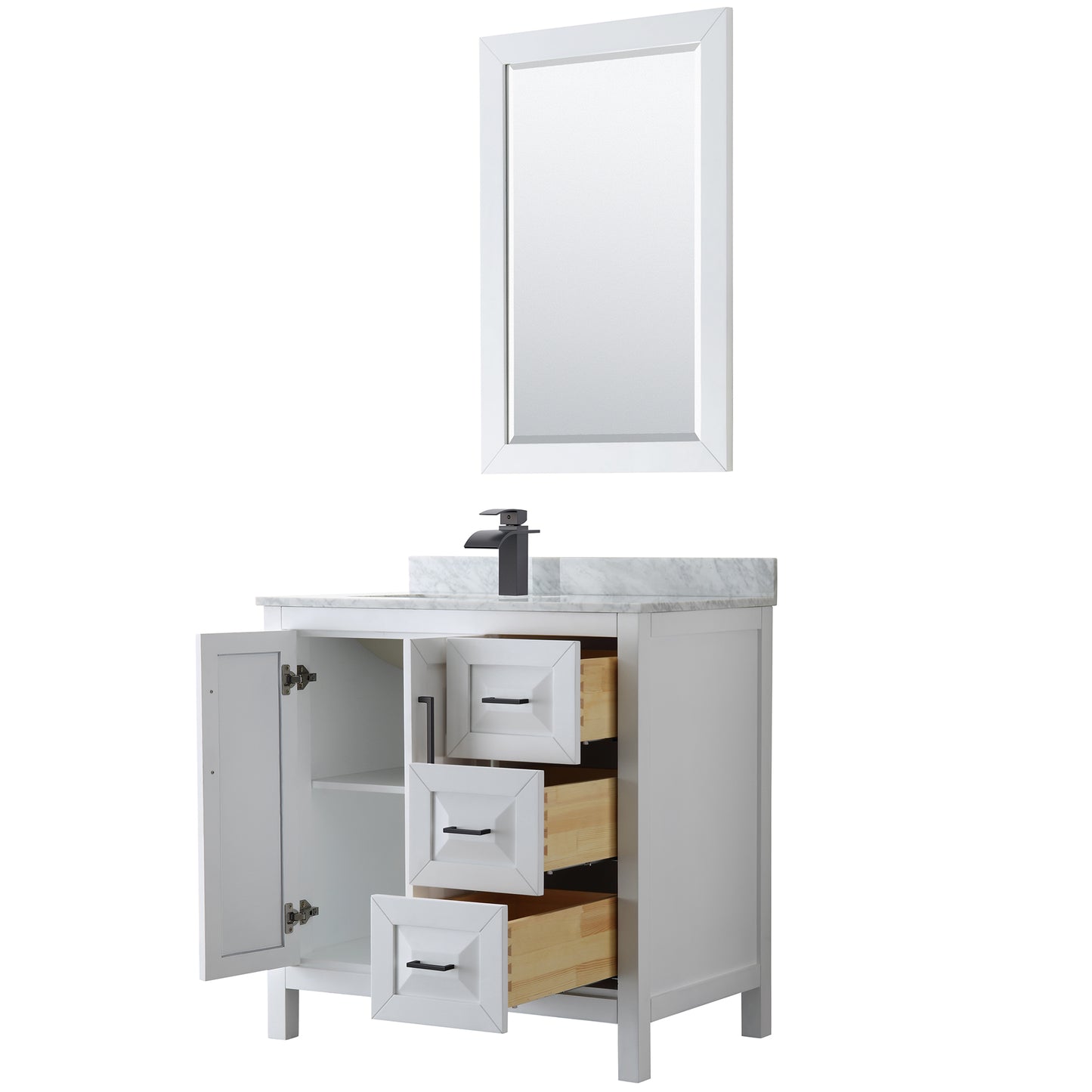 Wyndham Daria 36 Inch Single Bathroom Vanity White Carrara Marble Countertop, Undermount Square Sink in Matte Black Trim with 24 Inch Mirror - Luxe Bathroom Vanities