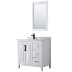 Wyndham Daria 36 Inch Single Bathroom Vanity White Carrara Marble Countertop, Undermount Square Sink in Matte Black Trim with 24 Inch Mirror - Luxe Bathroom Vanities