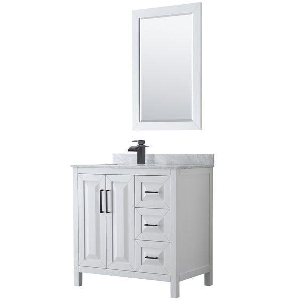 Wyndham Daria 36 Inch Single Bathroom Vanity White Carrara Marble Countertop, Undermount Square Sink in Matte Black Trim with 24 Inch Mirror - Luxe Bathroom Vanities