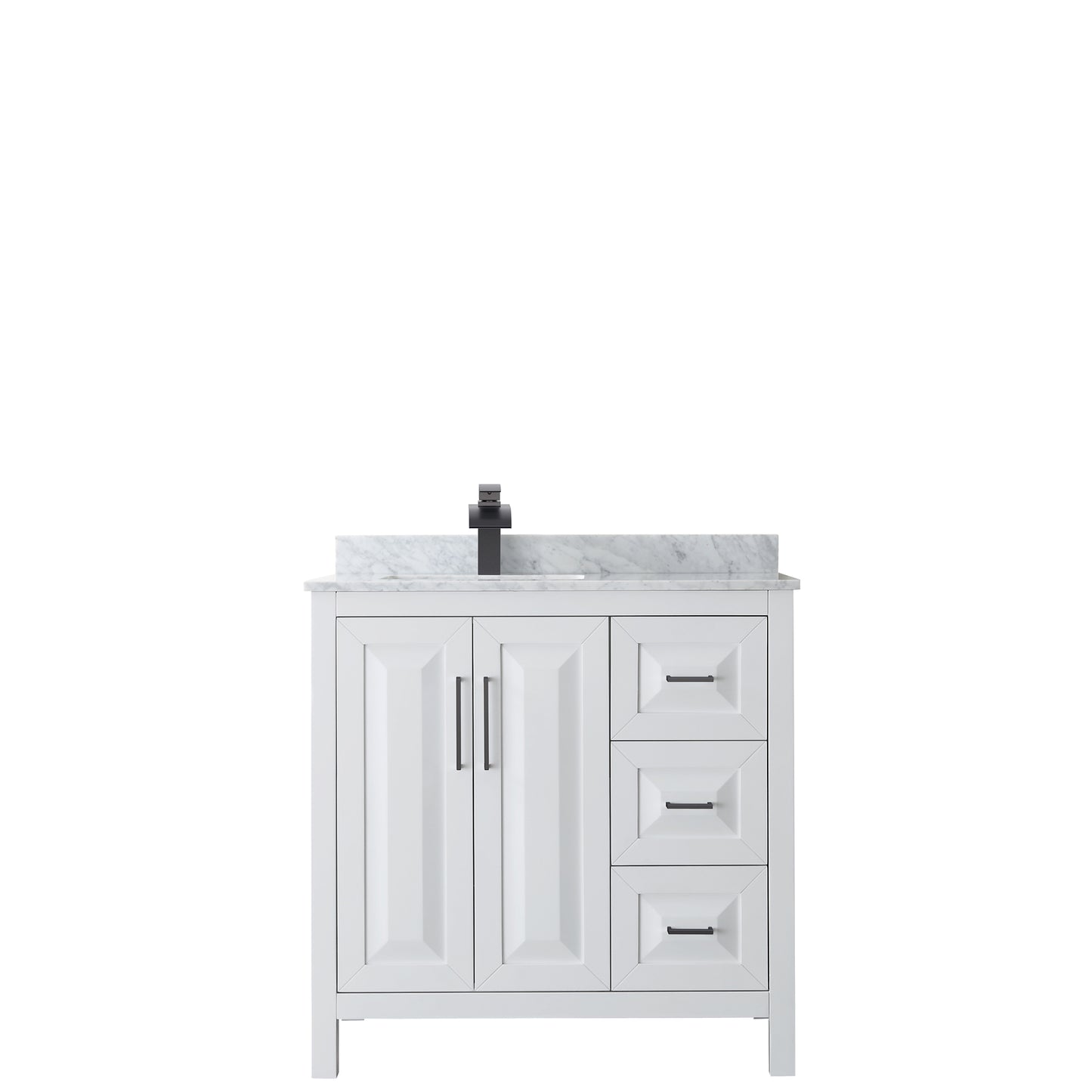 Wyndham Daria 36 Inch Single Bathroom Vanity White Carrara Marble Countertop with Undermount Square Sink in Matte Black Trim - Luxe Bathroom Vanities