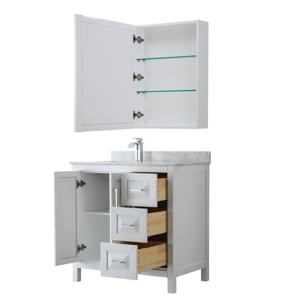 36 inch Single Bathroom Vanity, White Carrara Marble Countertop, Undermount Square Sink, and Medicine Cabinet - Luxe Bathroom Vanities Luxury Bathroom Fixtures Bathroom Furniture