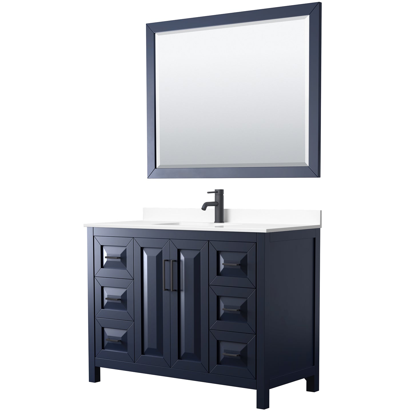 Wyndham Daria 48 Inch Single Bathroom Vanity White Cultured Marble Countertop, Undermount Square Sink in Matte Black Trim with 46 Inch Mirror - Luxe Bathroom Vanities