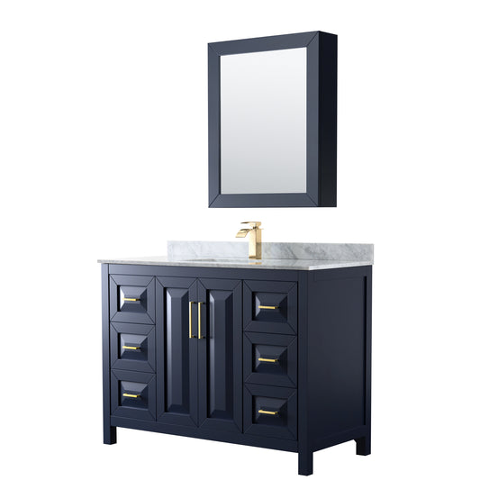 48 Inch Single Bathroom Vanity in Dark Blue, White Carrara Marble Countertop, Undermount Square Sink, Medicine Cabinet - Luxe Bathroom Vanities Luxury Bathroom Fixtures Bathroom Furniture