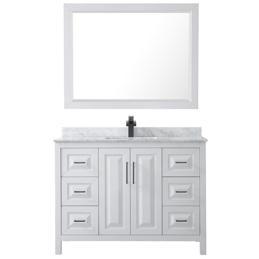 Wyndham Daria 48 Inch Single Bathroom Vanity White Carrara Marble Countertop, Undermount Square Sink in Matte Black Trim with 46 Inch Mirror - Luxe Bathroom Vanities