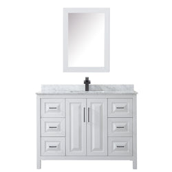 Wyndham Daria 48 Inch Single Bathroom Vanity White Carrara Marble Countertop, Undermount Square Sink in Matte Black Trim with Medicine Cabinet - Luxe Bathroom Vanities