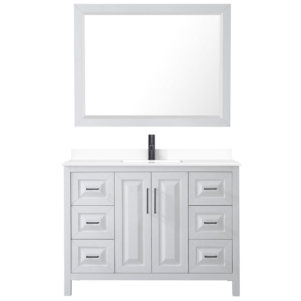 Wyndham Daria 48 Inch Single Bathroom Vanity White Cultured Marble Countertop, Undermount Square Sink in Matte Black Trim with 46 Inch Mirror - Luxe Bathroom Vanities