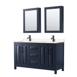 Wyndham Daria 60 Inch Double Bathroom Vanity Light-Vein Carrara Cultured Marble Countertop, Undermount Square Sinks in Matte Black Trim with Medicine Cabinets - Luxe Bathroom Vanities