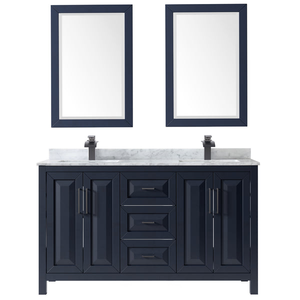 Wyndham Daria 60 Inch Double Bathroom Vanity White Carrara Marble Countertop, Undermount Square Sinks in Matte Black Trim with 24 Inch Mirrors - Luxe Bathroom Vanities