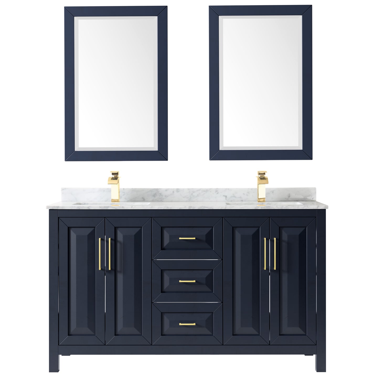 60 Inch Double Bathroom Vanity in Dark Blue, White Carrara Marble Countertop, Undermount Square Sinks, 24 Inch Mirrors - Luxe Bathroom Vanities Luxury Bathroom Fixtures Bathroom Furniture