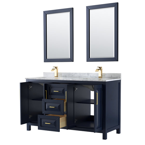 60 Inch Double Bathroom Vanity in Dark Blue, White Carrara Marble Countertop, Undermount Square Sinks, 24 Inch Mirrors - Luxe Bathroom Vanities Luxury Bathroom Fixtures Bathroom Furniture