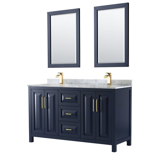 60 Inch Double Bathroom Vanity in Dark Blue, White Carrara Marble Countertop, Undermount Square Sinks, 24 Inch Mirrors - Luxe Bathroom Vanities Luxury Bathroom Fixtures Bathroom Furniture