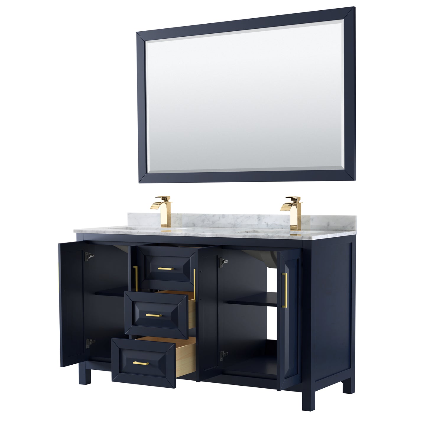 60 Inch Double Bathroom Vanity in Dark Blue, White Carrara Marble Countertop, Undermount Square Sinks, 58 Inch Mirror - Luxe Bathroom Vanities Luxury Bathroom Fixtures Bathroom Furniture