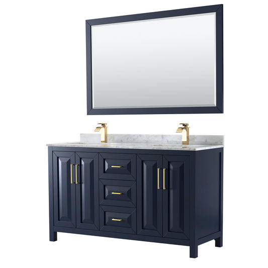 60 Inch Double Bathroom Vanity in Dark Blue, White Carrara Marble Countertop, Undermount Square Sinks, 58 Inch Mirror - Luxe Bathroom Vanities Luxury Bathroom Fixtures Bathroom Furniture