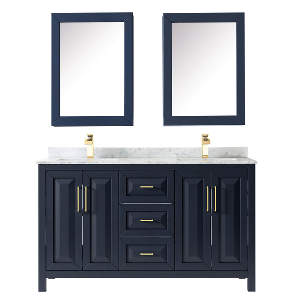 60 Inch Double Bathroom Vanity in Dark Blue, White Carrara Marble Countertop, Undermount Square Sinks, Medicine Cabinets - Luxe Bathroom Vanities Luxury Bathroom Fixtures Bathroom Furniture