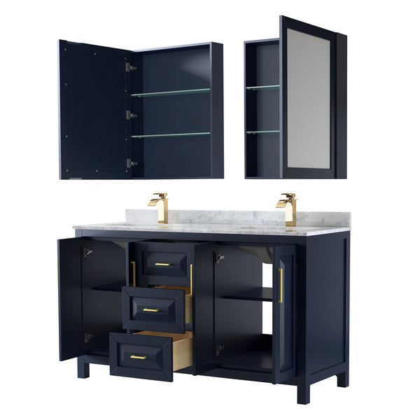 60 Inch Double Bathroom Vanity in Dark Blue, White Carrara Marble Countertop, Undermount Square Sinks, Medicine Cabinets - Luxe Bathroom Vanities Luxury Bathroom Fixtures Bathroom Furniture