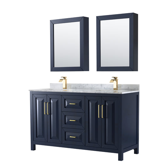 60 Inch Double Bathroom Vanity in Dark Blue, White Carrara Marble Countertop, Undermount Square Sinks, Medicine Cabinets - Luxe Bathroom Vanities Luxury Bathroom Fixtures Bathroom Furniture