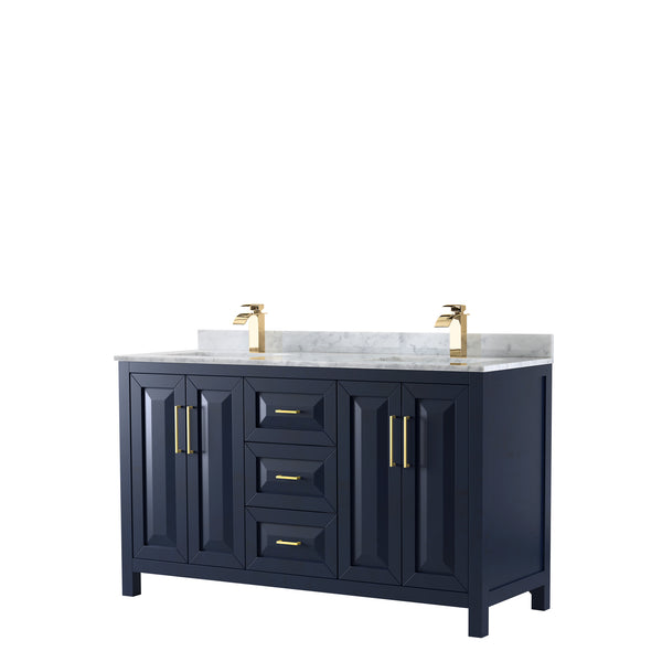 60 Inch Double Bathroom Vanity in Dark Blue, White Carrara Marble Countertop, Undermount Square Sinks, No Mirror - Luxe Bathroom Vanities Luxury Bathroom Fixtures Bathroom Furniture