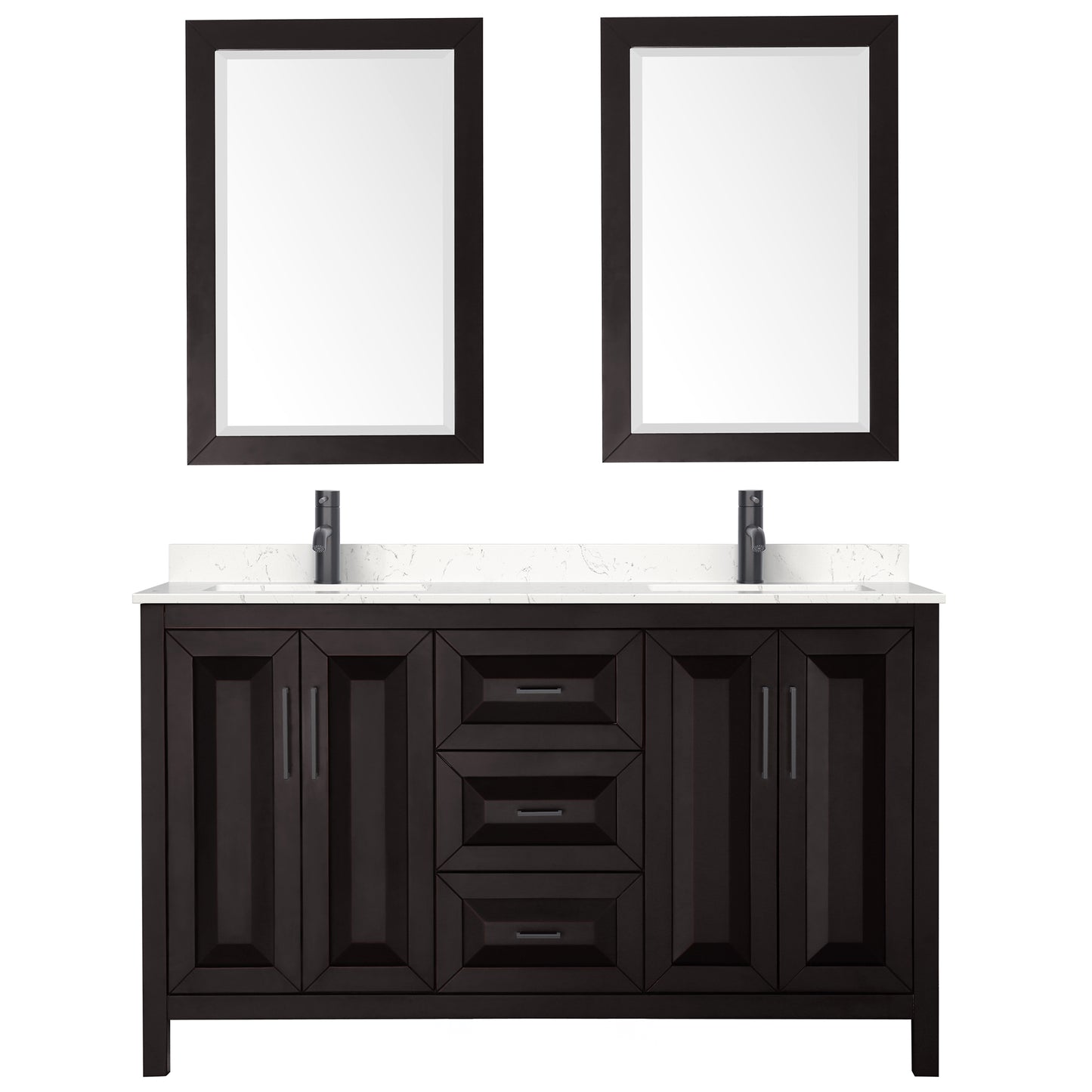 Wyndham Daria 60 Inch Double Bathroom Vanity Light-Vein Carrara Cultured Marble Countertop, Undermount Square Sinks in Matte Black Trim with 24 Inch Mirrors - Luxe Bathroom Vanities